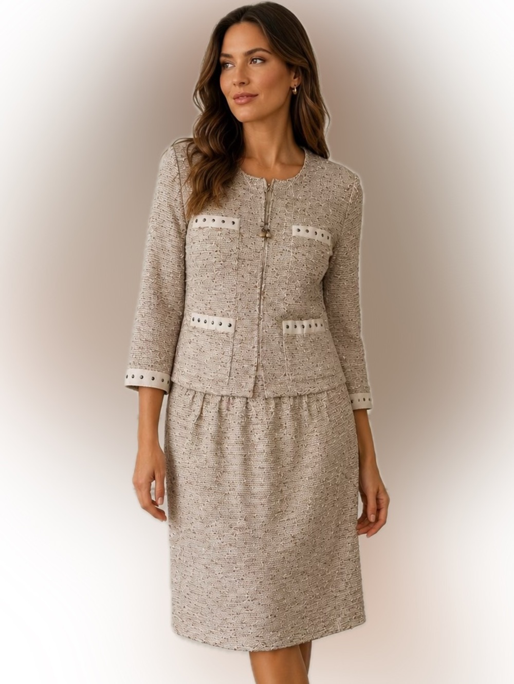 St. John Cream-Tone Tweed Skirt Set 2 piece Jacket Skirt Knit